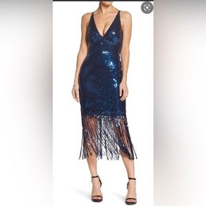 NWT Dress the Population Frankie Sequin Fringe Cocktail Dress Navy/Midnight XL